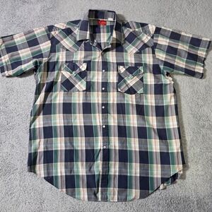 Ely Plains Mens‎ XL Western Shirt Blue Green Plaid Short Sleeve Pearl Snap Yoke
